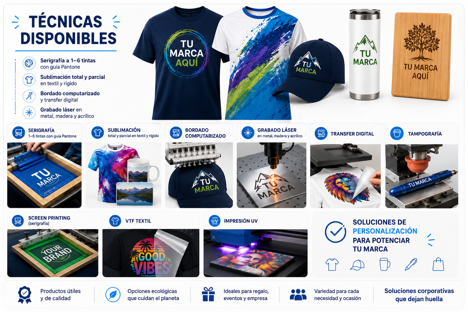 Técnicas de marcación disponibles: serigrafía, sublimación, bordado computarizado, grabado láser, transfer digital, tampografía, screen printing, VTF textil e impresión UV