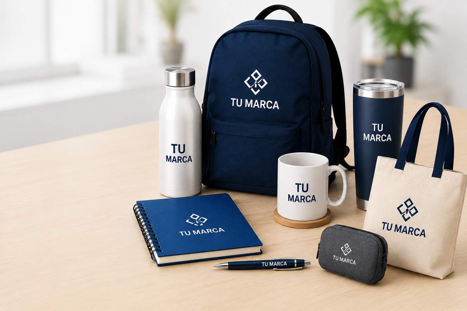 Productos promocionales personalizados: mugs, termos, cuadernos, bolsos con logo corporativo