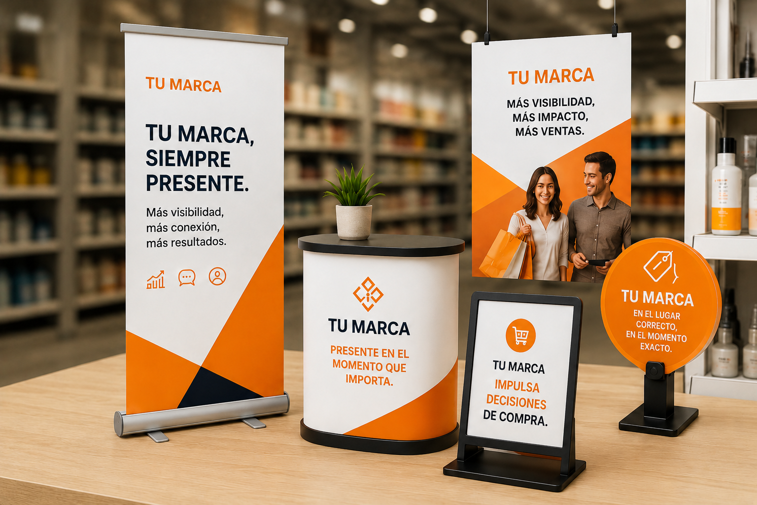 Material POP: pendones, expositores, stoppers y señalética para punto de venta
