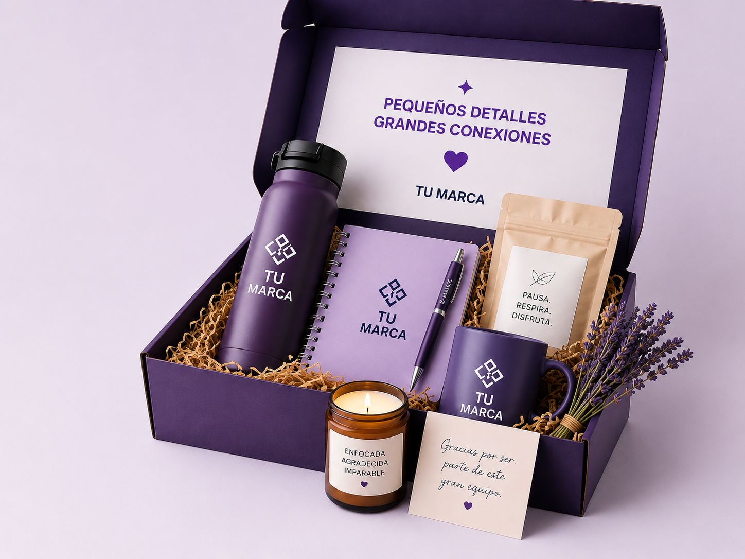 Kits experienciales: cajas de regalo personalizadas con termos, velas, mugs y productos de bienestar